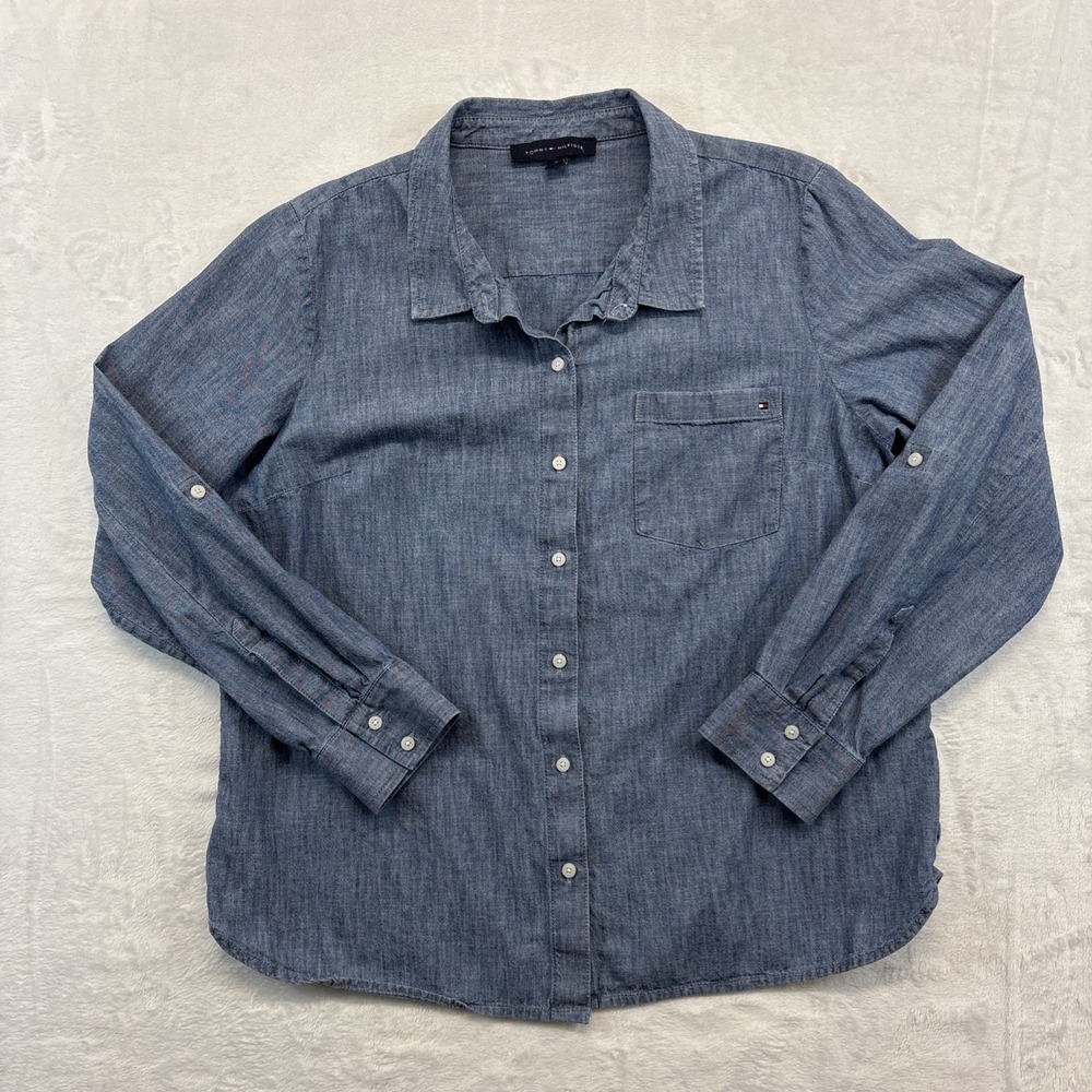 Tommy Hilfiger Shirt Womens XL Blue Chambray Button Front Long Sleeve Casual